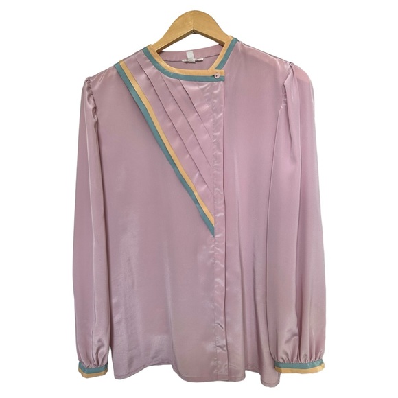 Vintage Karoline 1970's Blouse Mauve Asymetrical Pleats Green Gold Trim Fits M - Picture 7 of 11